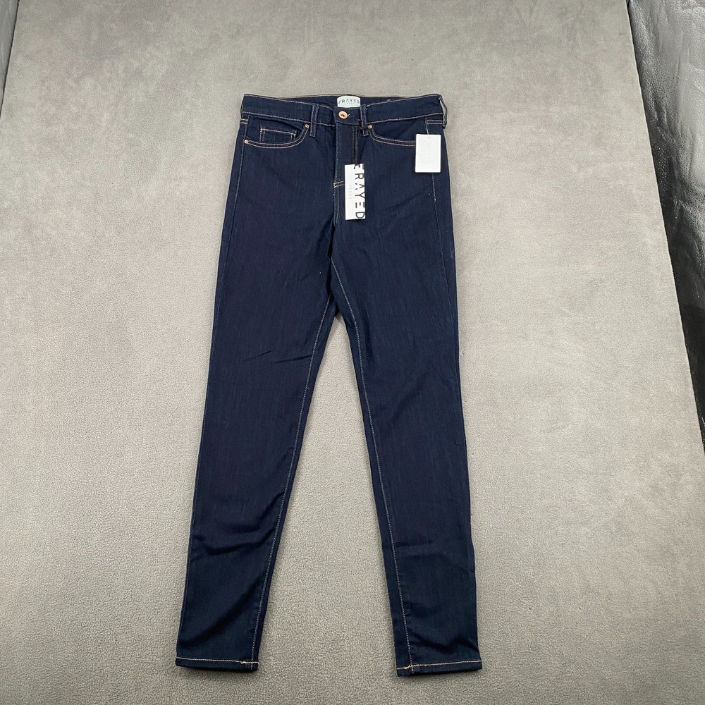 Frayed High Rise Skinny Jeans Women 29 Blue Denim Dark Wash 5-Pockets Streetwear